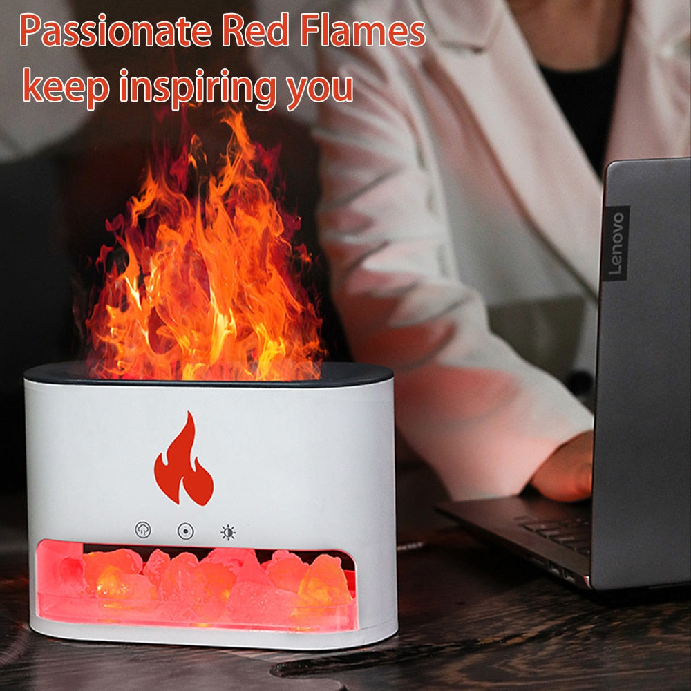 Fireplace Humidifier Crystal Salt Rock Fire Lamp Volcano Air Humidifier Flame Aroma Smell Essential Oil Diffuser for Home 5V 2A