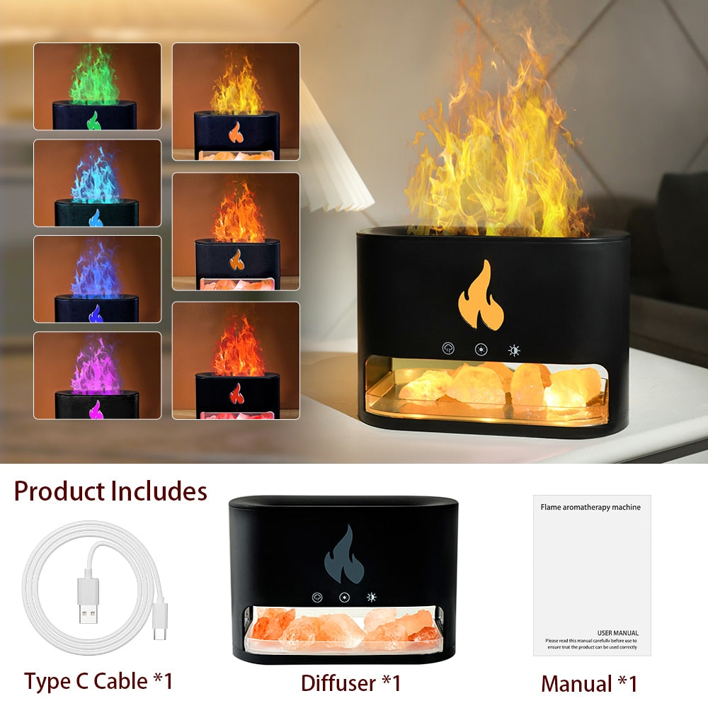 Fireplace Humidifier Crystal Salt Rock Fire Lamp Volcano Air Humidifier Flame Aroma Smell Essential Oil Diffuser for Home 5V 2A
