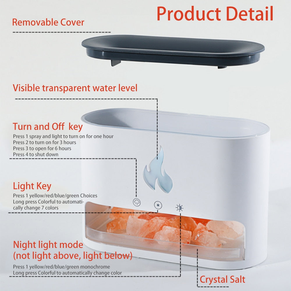 Fireplace Humidifier Crystal Salt Rock Fire Lamp Volcano Air Humidifier Flame Aroma Smell Essential Oil Diffuser for Home 5V 2A