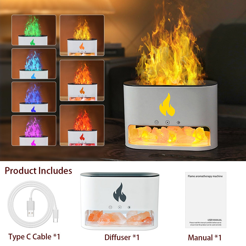Fireplace Humidifier Crystal Salt Rock Fire Lamp Volcano Air Humidifier Flame Aroma Smell Essential Oil Diffuser for Home 5V 2A